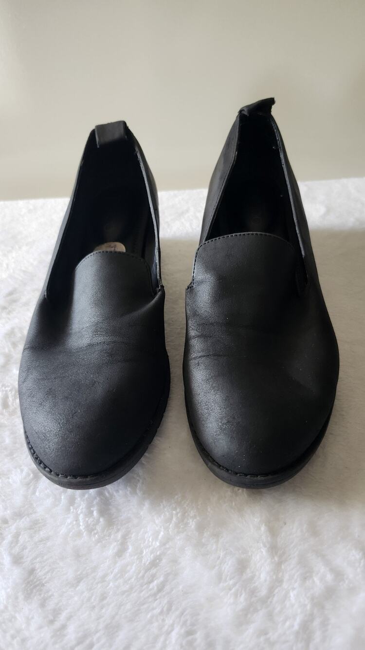 Me Too Adam Tucker Black Leather Slip On Wedge Loafers Womens Shoes Size 8.5 S21